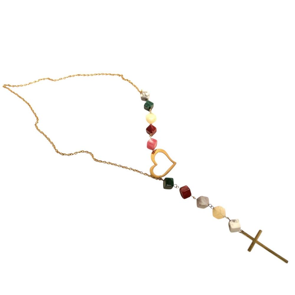 Asymmetric Heart & Cross Cubist Necklace Gold Tone Modern Christian Faith Y Drop